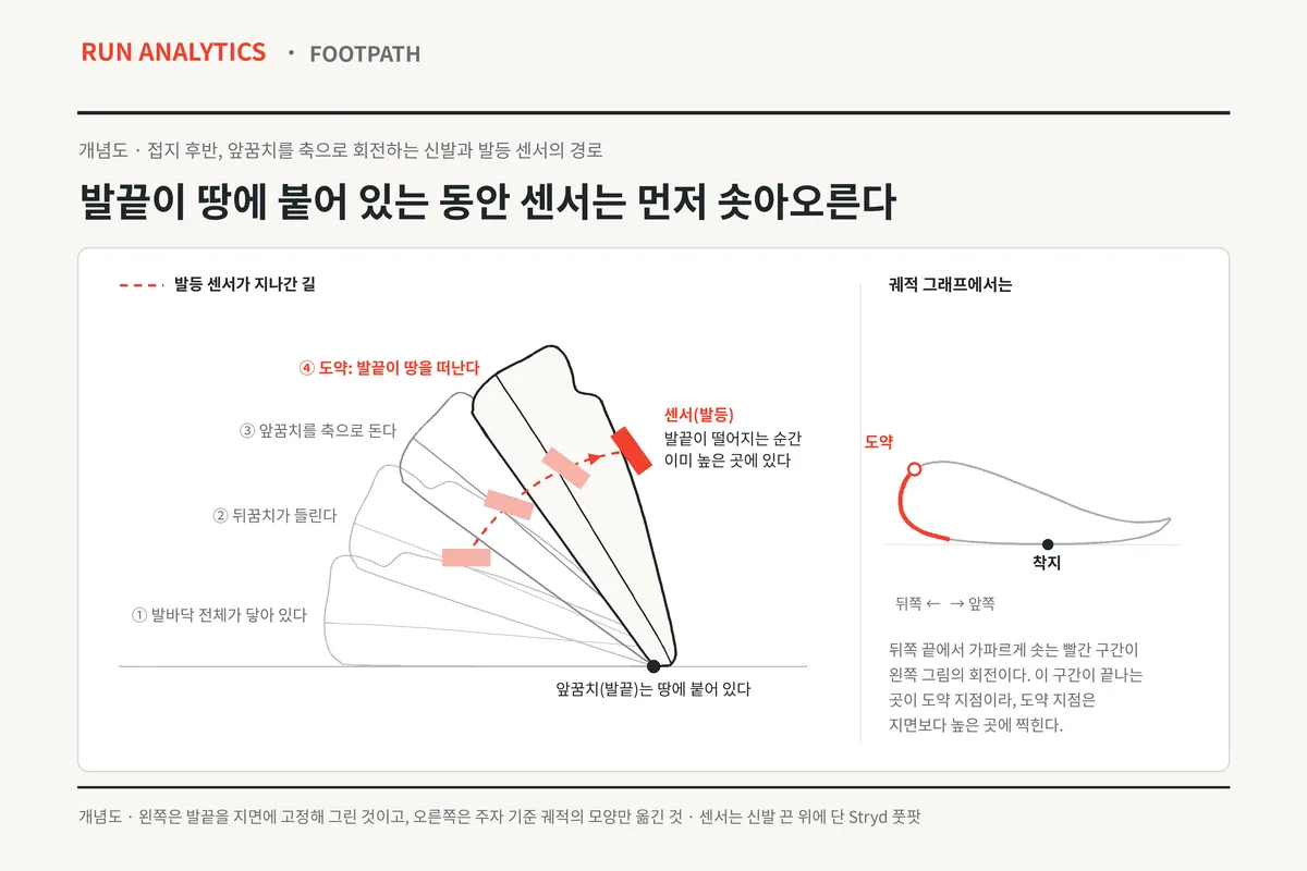 접지 후반, 발끝을 축으로 신발이 회전할 때 발등에 단 센서가 지나가는 길을 나타낸 개념도. 발끝이 땅에 붙어 있는 동안 센서는 이미 솟아오르므로, 궤적 그래프의 도약 지점은 지면보다 높은 곳에 찍힌다.